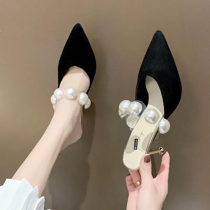 Fashion Pearl Black Sandals Women Summer Slippers Thin Heels 2025 Outdoor High Heels Pointed Toe Mules