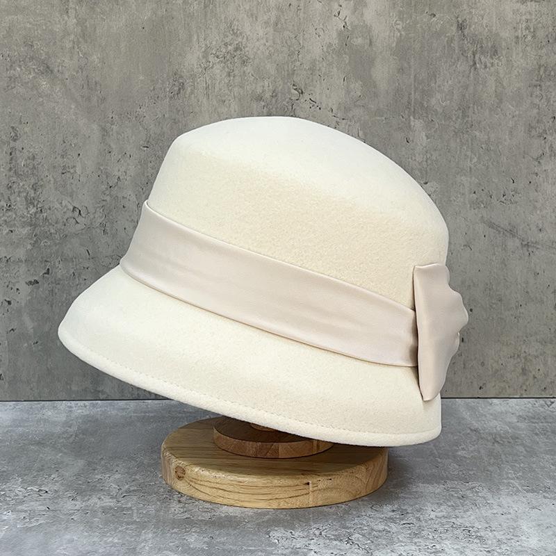 French Elegant White Woolen Top Hat Women'S Autumn And Winter Retro Hepburn Bucket Hat Autumn And Winter Small Edge Bell-Shaped Basin Hat