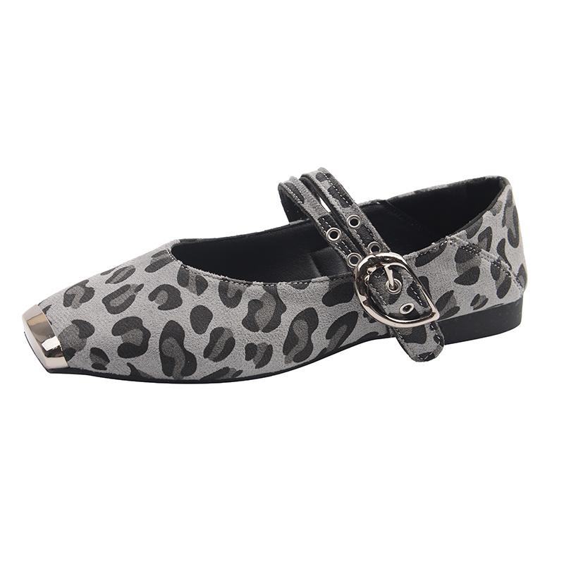 Fashion Studded One Strap Low Heel Shoes New Square Toe Shallow Mouth Leopard Suede Single for Autumn