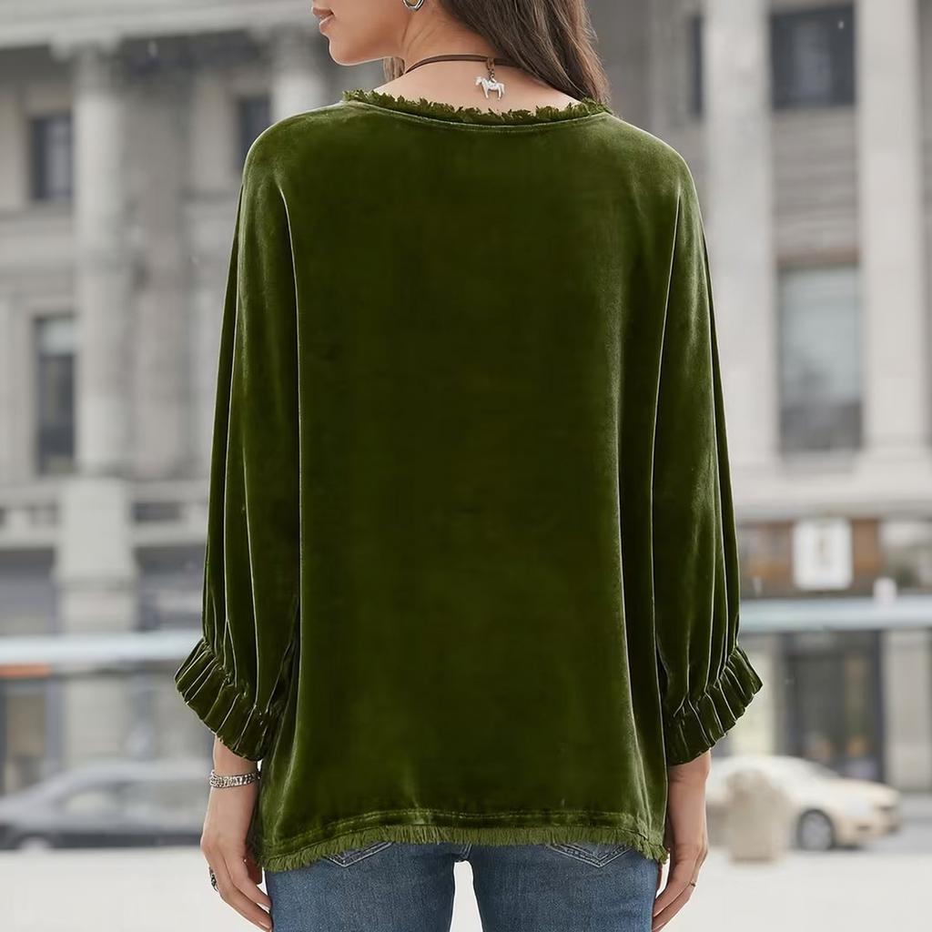 Women's Casual Pullover Top Color Neck Long Sleeve Loose Fit Shirt for Everyday Wear