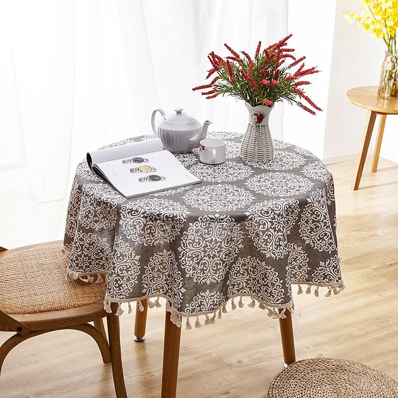 Polyester Cotton Imitation Linen Table Cloth Round Tablecloth Printed Fringed Tablecloth Cover Towel