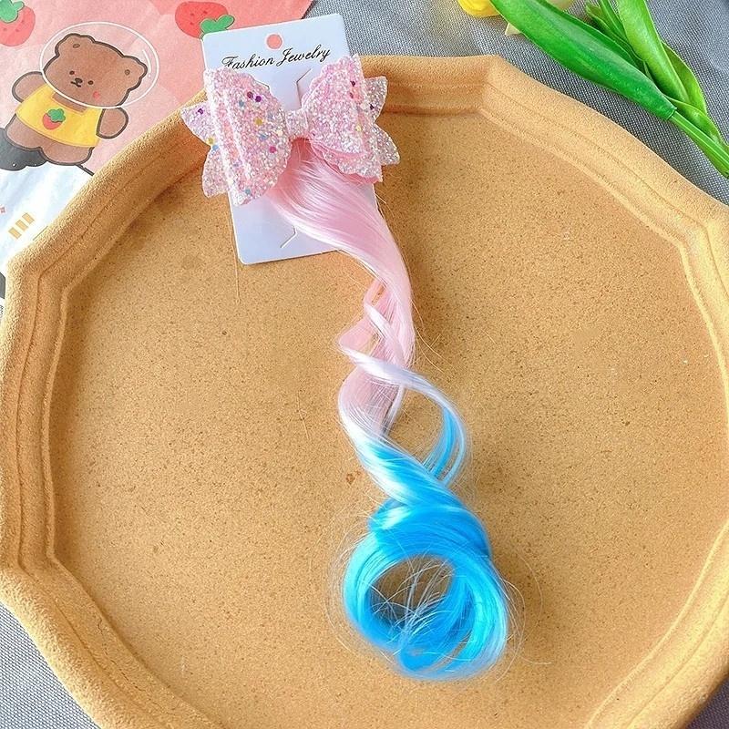 1/2pcs Cute Curly Hair Bowtie Wig Girls Hairpins Ombre Color Headwear Hair Clips For Princess Dress Up Birthday Gift Party Favor