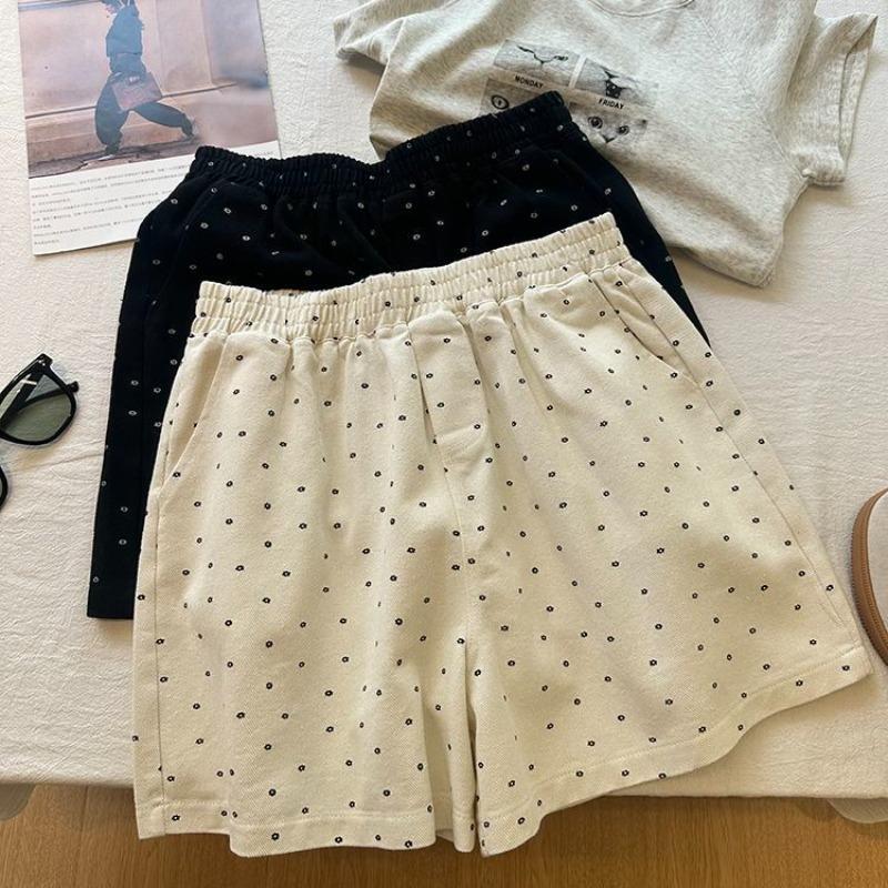 Women Polka Dot Elastic Waist Casual Shorts Loose A-Line Summer Bottoms L