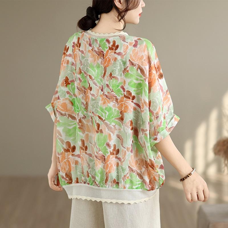 Short sleeve Oversized vintage floral Casual loose t shirt tops Women summer t-shirt