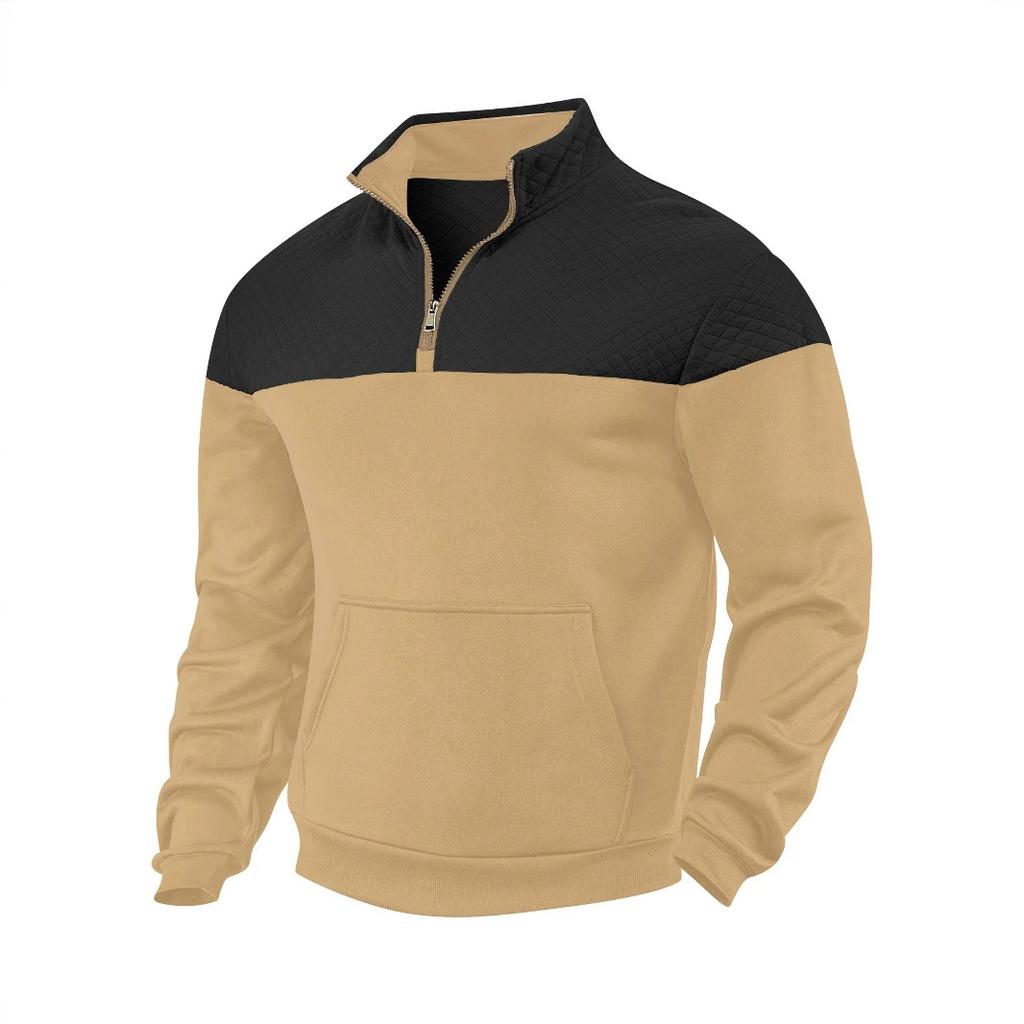 Men Color Block Quarter Zip Sweatshirt Mock Neck Pullover with Kangaroo Pocket Ribbed Cuffs Hem Long Sleeve Spring Fall Casual Streetwear Top