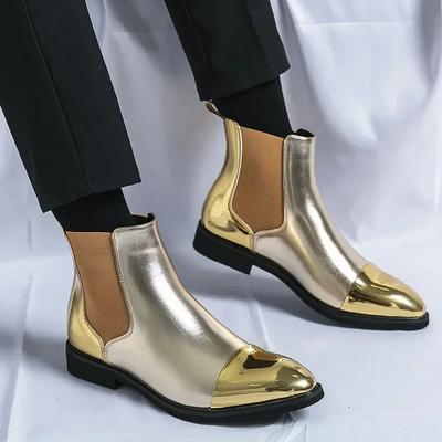Hoge Kwaliteit Mode Hoge Chelsea Boots Casual Heren Leren Schoenen Trendy Heldere Luxe Gouden Heren Enkellaarzen Botas Hombre