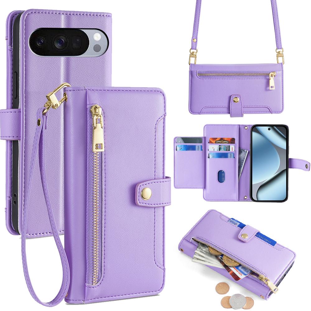For Google Pixel 10 Pro XL Leather Case Zipper Pocket Wallet Phone Cover with 2 Straps