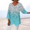 2024 Women's Plus Size Casual V-Neck Long Sleeve Printed Top