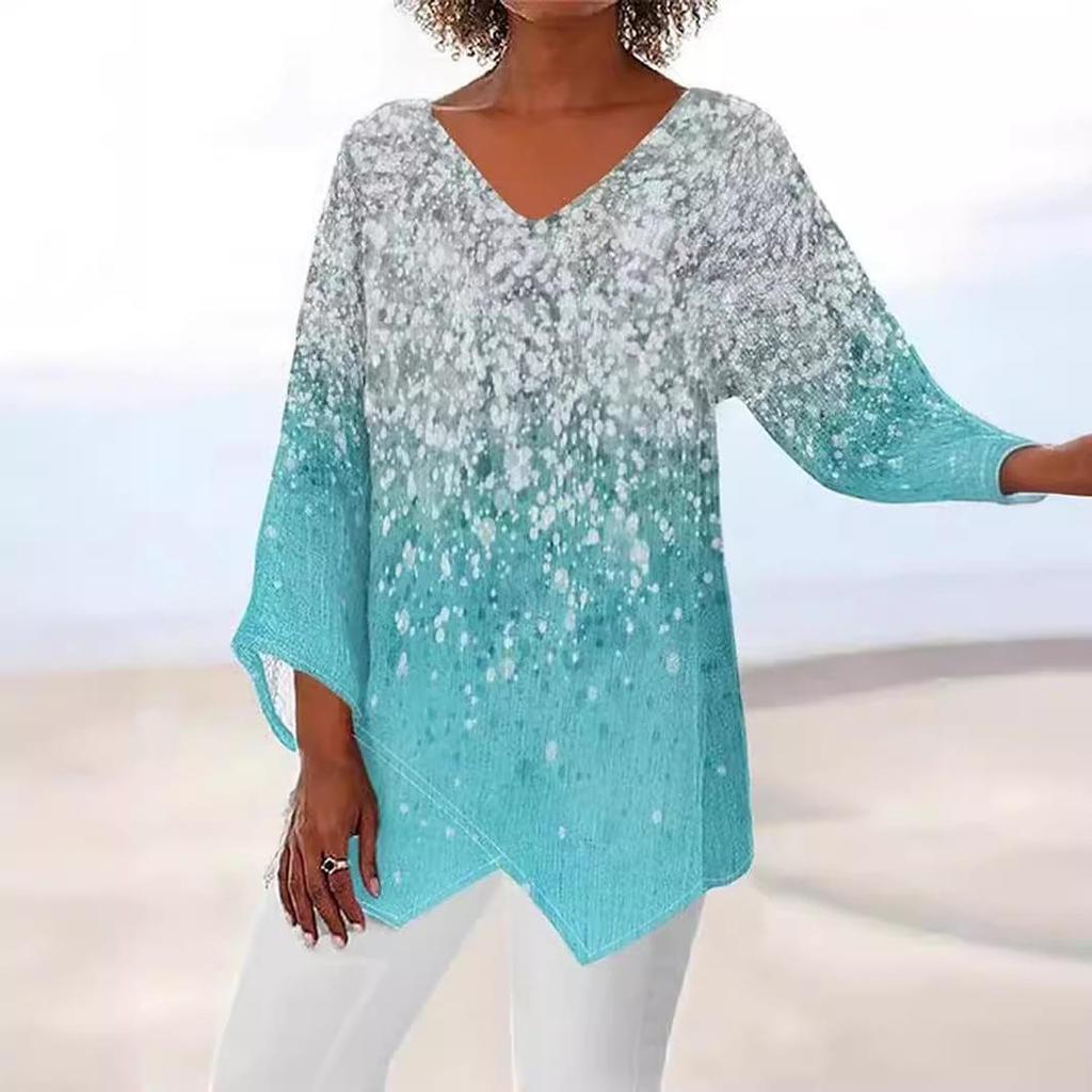 2024 Women's Plus Size Casual V-Neck Long Sleeve Printed Top