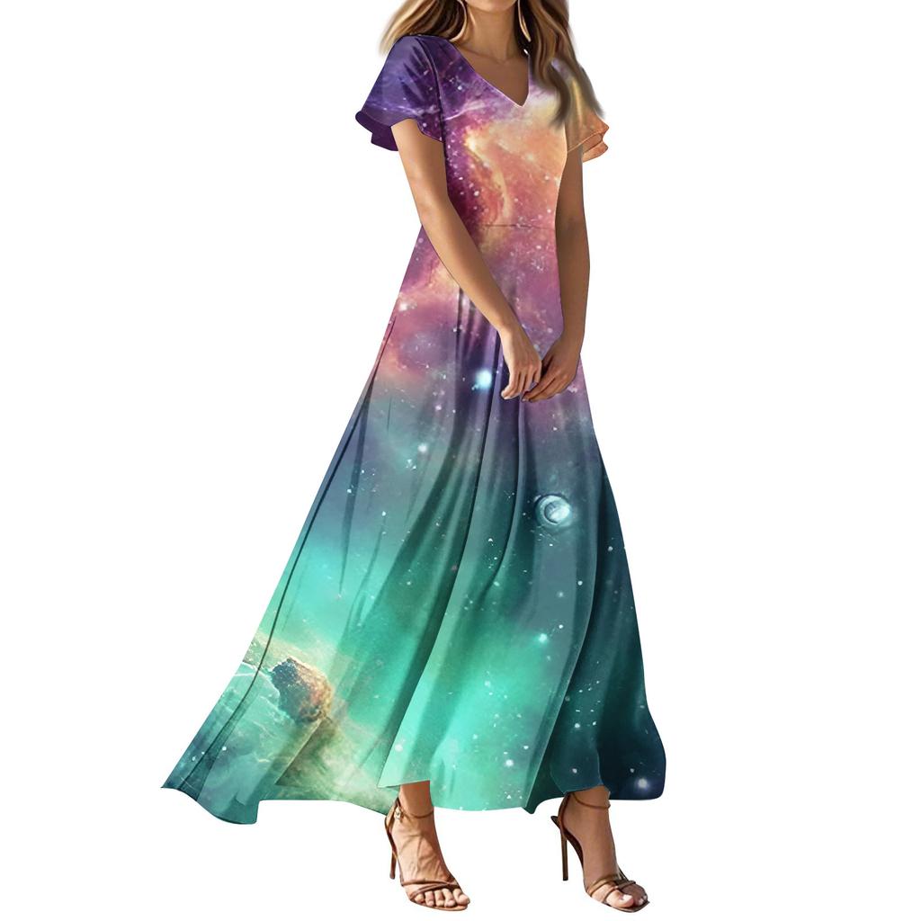 Women's Summer Casual Fashion -Print V-Neck Short-Sleeve Patchwork Dress