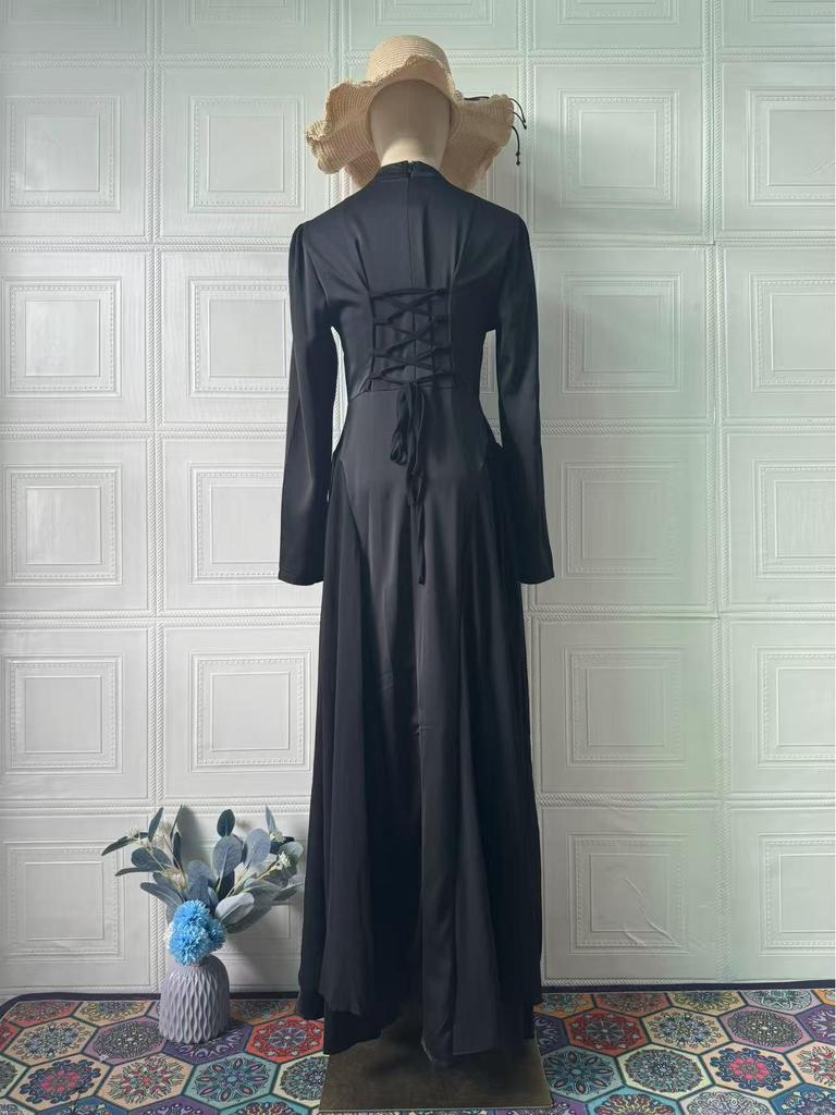 Elegant European & American Black Spring Long-Sleeve Dress, Round Neck, 2025 Style.