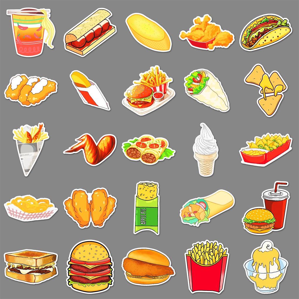 50pcs Cartoon Fast Food Stickers: Fried Chicken, Burger, Foodie Graffiti, Waterproof for Decoration, Fridge, Journal