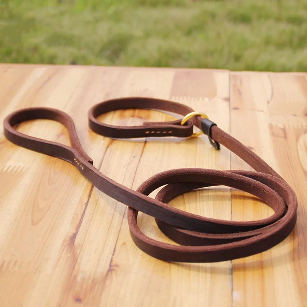 Collar Deslizante Plano de Cuero Genuino para Perros Collar de Cuero Cosido a Mano Duradero Correa de Cuero Cadena Deslizante para Mascotas Para Entrenamiento y Paseo brown