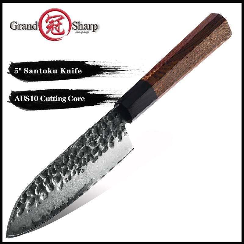 Grandsharp 5 Inch Santoku Knife Handmade Kitchen Knives Japanese 3 Layers AUS10 Steel Sharp Sushi Santoku Gyuto Chef's Cooking Knife