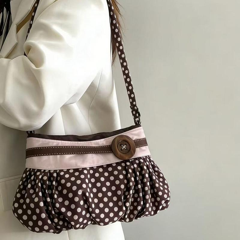 Retro Polka Dot Underarm Bag Cute Pleated Cloud Bag Wooden Button-Decor Handbag Casual And Versatile Commuter Shoulder Bag