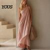 Casual Dress Women Women's Summer One Shoulder Beach Sundress, Pleated A-line Party Wear Flowy Long Dress, Loose Travel Vacation
