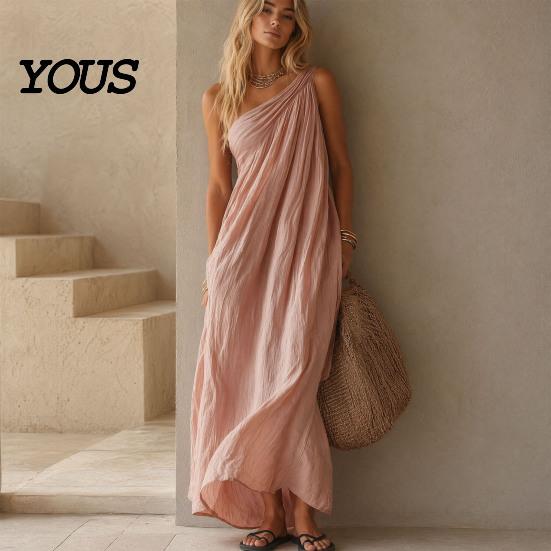 Casual Dress Women Women's Summer One Shoulder Beach Sundress, Pleated A-line Party Wear Flowy Long Dress, Loose Travel Vacation