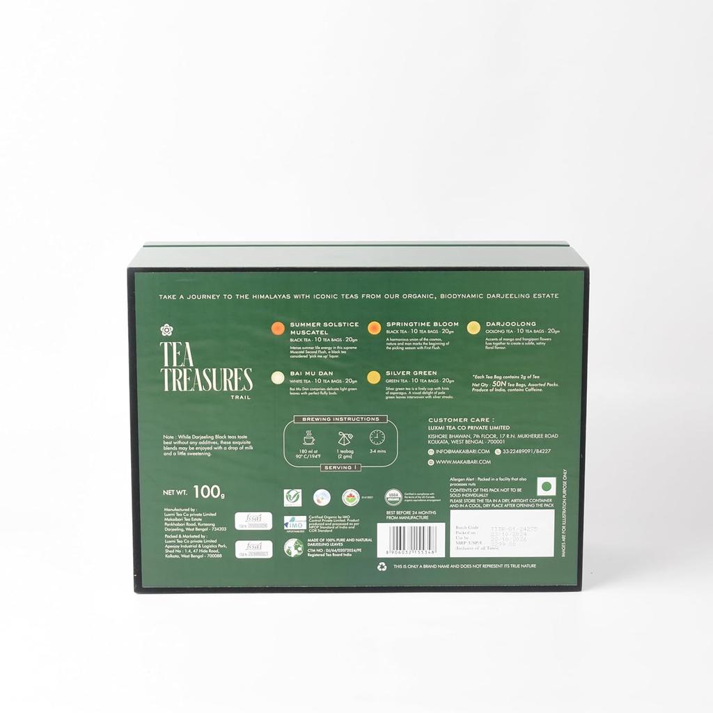 Makaibari Tea  | 50 Tea Bags | Springtime Bloom 2g*10 | Summer Solstice Muscatel 2g*10 | Darjoolong 2g*10 | Silver Green 2g*10 | Bai Mu Dan 2g*10