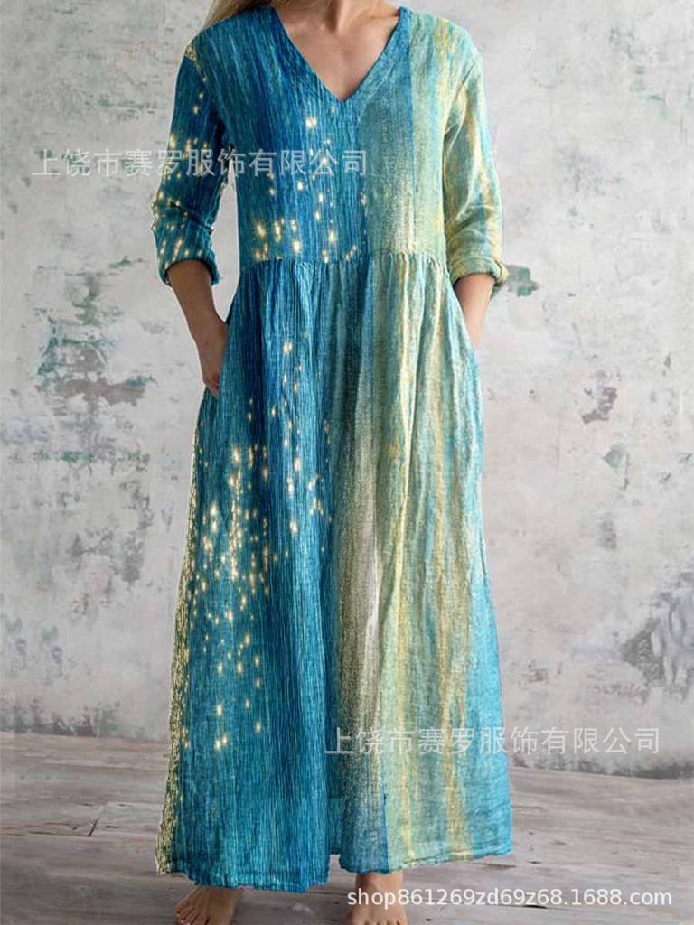Damen Langarm V-Ausschnitt Maxi Kleid mit Streifenmuster, Knöchellanges Fließendes Kleid, Lässig Elegantes Kleid