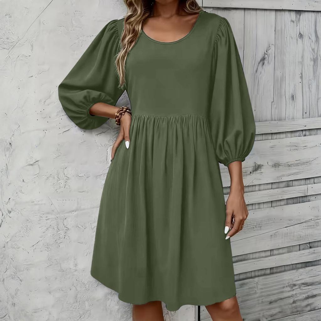 Women's Fashion Elegant Holiday Solided Color Round Neck 3/4 Sleeve Cotton Polyester Midi Dress