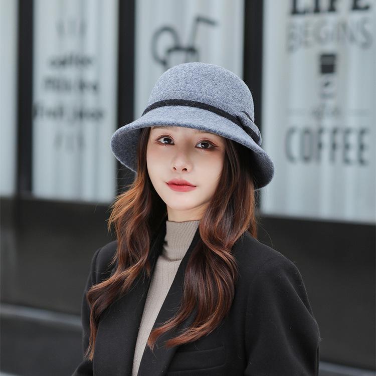 Solid Color Wool Bow Visor, Bucket Hat, Autumn and Winter Face Small Plush Warm Women's Hat Versatile