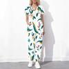 Women Plus Size White Floral Printed Scrub Set Cutout Neck Short Sleeve Pocket Top Long Pants Two Piece