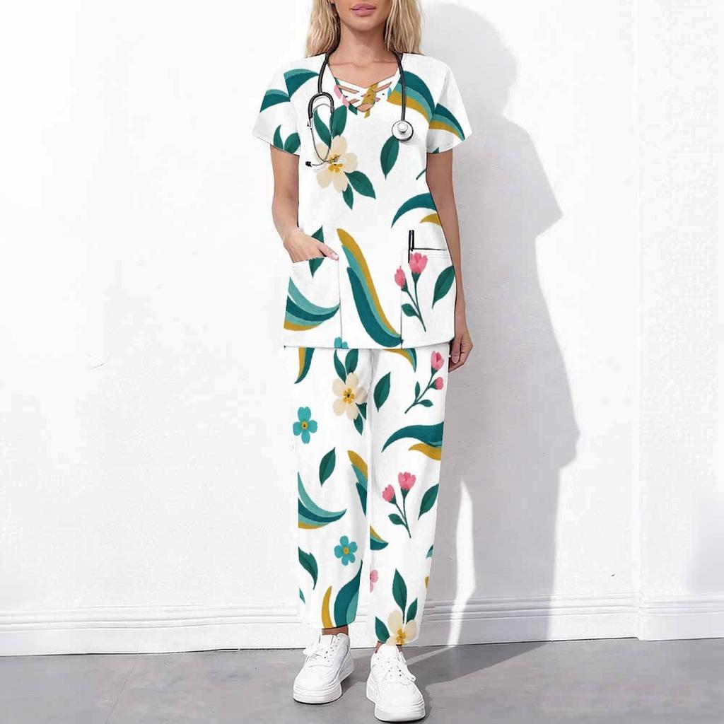 Women Plus Size White Floral Printed Scrub Set Cutout Neck Short Sleeve Pocket Top Long Pants Two Piece