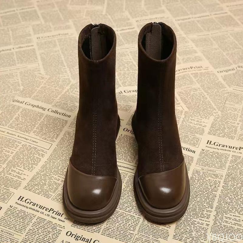 Retro Style Women'S Back Zipper Simple Comfortable Cotton Boots Brown Thick Sole Daily Casual Versatile Women'S Short Boots