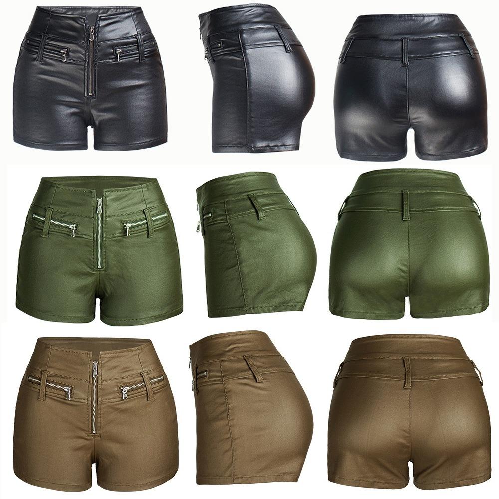 Dames Hoge Taille Skinny Shorts Slim Fit Streetwear PU Leer Shorts met Multi Ritszak Ontwerp