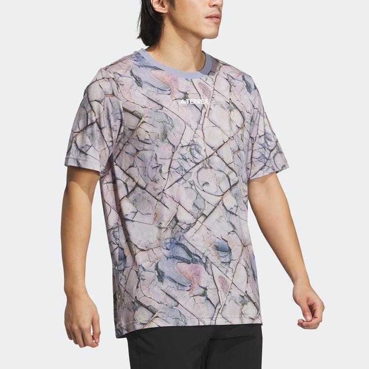 Adidas National Geographic Spolupráce Tencelové Tričko s Celoplošným Potiskem Loga Unisex Topy Stříbrno-Šedá Fialová IC2000