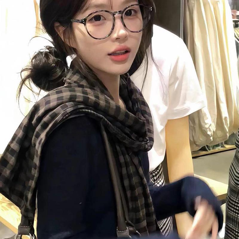 Korean Style Cotton Linen Double-sided Plaid Scarf Women Literary Retro Warm Scarf Female Shawl Decoration Ladies Winter Fall