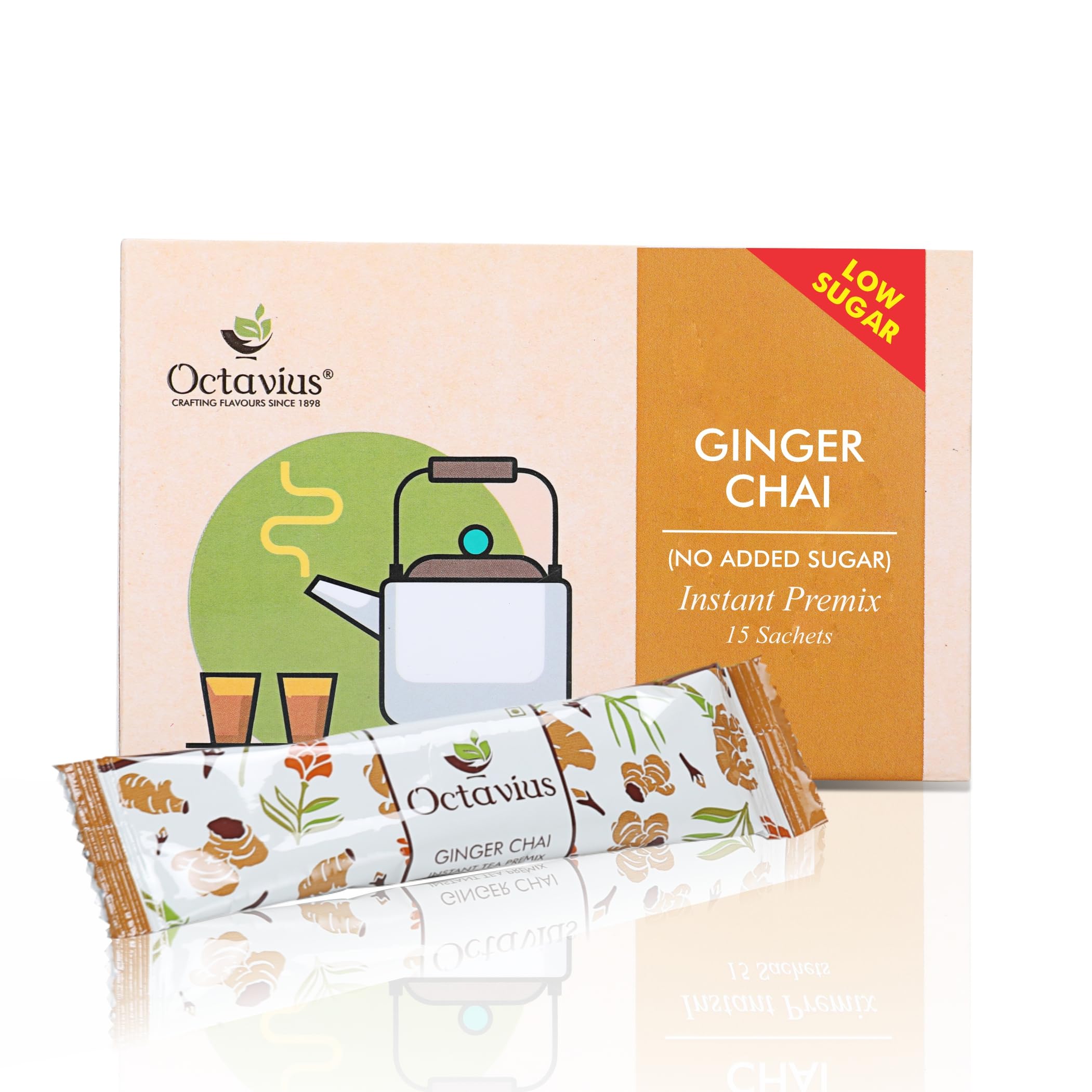 

Octavius | No Added Sugar Ginger Premix Tea - 15 Pouches | Adrak Chai | Readymade chai Mix | Low Sugar | Instant Tea | chai masala | 1 Minute Tea