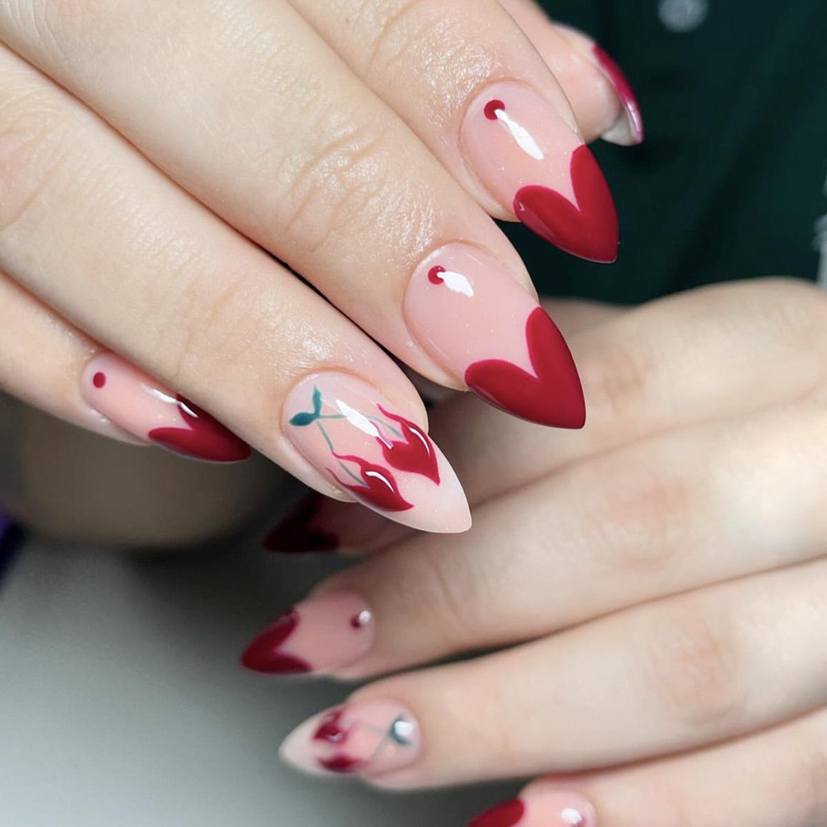 

Red Heart Cherry Polka Dot Almond Fake Nails - Detachable Tips