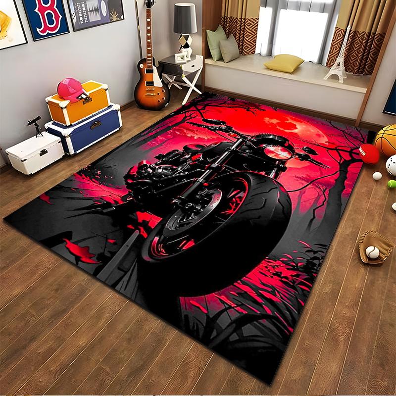 Red Sunset Motorcycle Design Carpet for Living Room or Bedroom Decor Suitable for use as an anti-slip for living room bedroom sofas