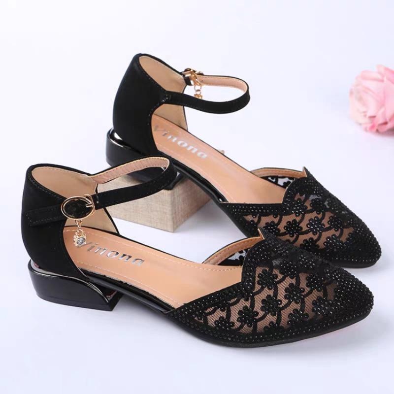New Style Sandals Mid-heel Shoes with Toe Caps Rhinestone Shoes Single Shoes Mom Shoes