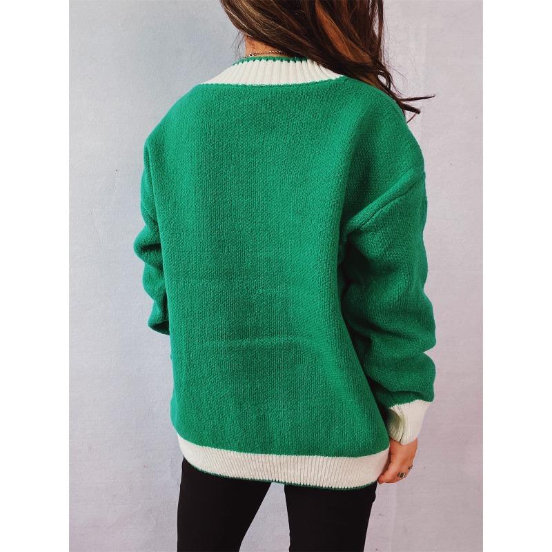 Color Blocking Cardigan V-neck Sweater Women's Loose Knitted Coat Large Size Knitwear Soft Fabric Warm Comfortable Harajuku Style Autumn Winter