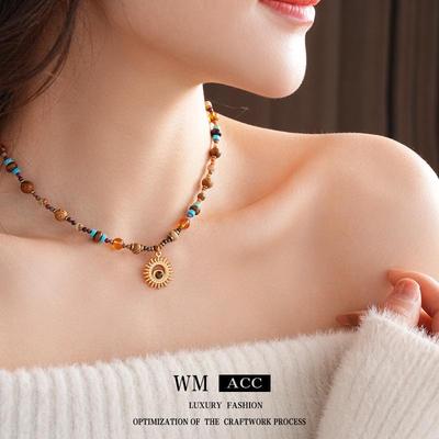 Titanium Steel Sun Necklace with Natural Stone Rice Beads - Retro Ethnic Clavicle Chain, Light Luxury Fashion Accessory