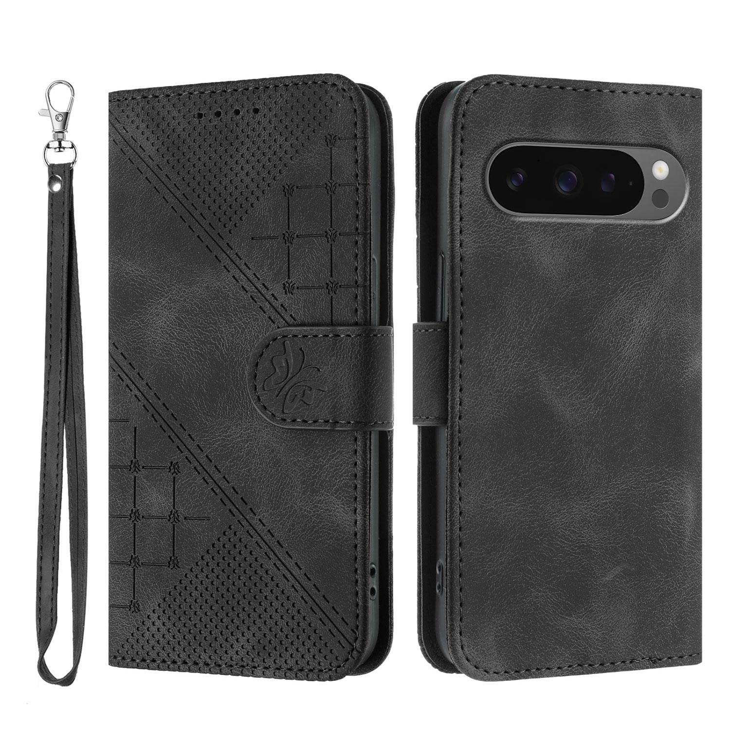 

For Google Pixel 10 Pro/Google Pixel 9/Google Pixel 9 Pro/Google Pixel 10 Leather Wallet Case Butterfly Flower Imprinted Phone Cover with Strap Black