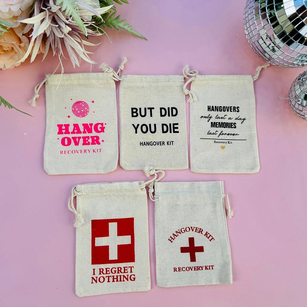 

5Pcs Bachelorette Party Bags I Regret Nothing Hangover Kit Bags Hangover Recovery Kit Drawstring Bag Bridal Shower Wedding Gift 5pcs 10x14cm