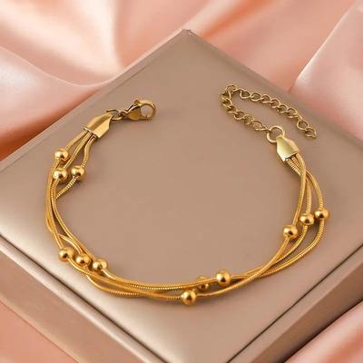 Stainless Steel Elegant Beaded Round Snake Chain Gold Color Bracelets for Women Vintage Metal Multi Layer Charm Bracelet Zircon