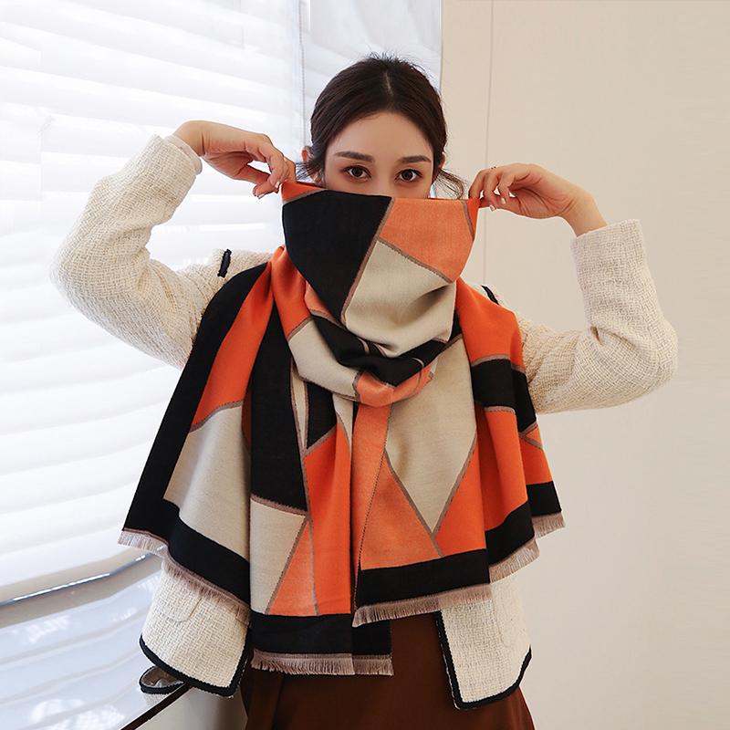 New Fashion Imitation Cashmere Women Vintage Double Sided Geometric Print Scarf Winter Warm Shawl Long Wrap Female Thick Blanket