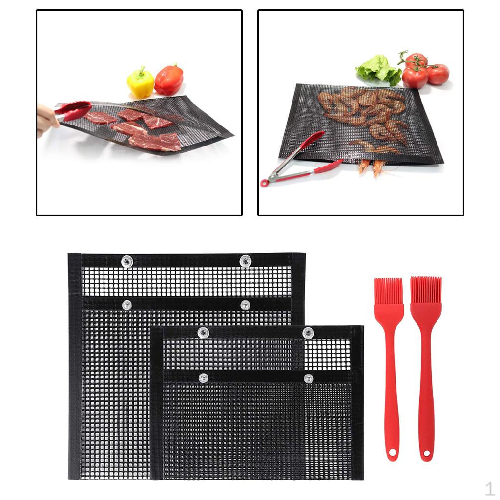 2pcs Reusable PTFE Coated BBQ Mesh Grilling Pouches Grill Bag with Silicone Brush Baking