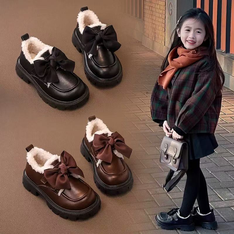 Girls shoes Children's princess small leather shoes 2025 autumn and winter new winter girls single shoes soft-soled fluffy shoes