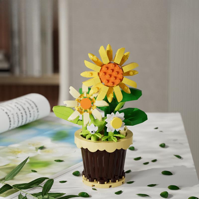 Simulated Flower Building Blocks, Sunflowers, Roses, Succulent Potted Plants, Eternal Building Blocks, Flower Bouquets, and Children's Toys