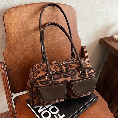 Autumn and Winter Fashion Leopard Print Suede Shoulder Bag Women's New Trend Niche Bowling Bag Tote Bag