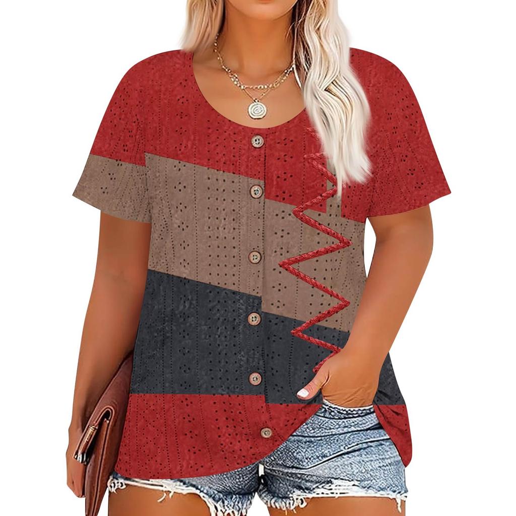 Plus Size Women's Fashion Casual Vintage Printed O-Neck Short Sleeve Button T-Shirt Top