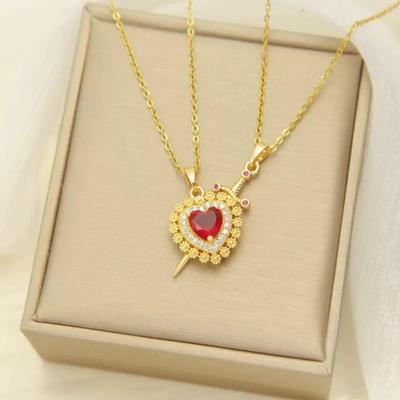 Elegant Ruby Heart Sword Necklace for Couples - High-End Titanium Steel Jewelry for Men & Women