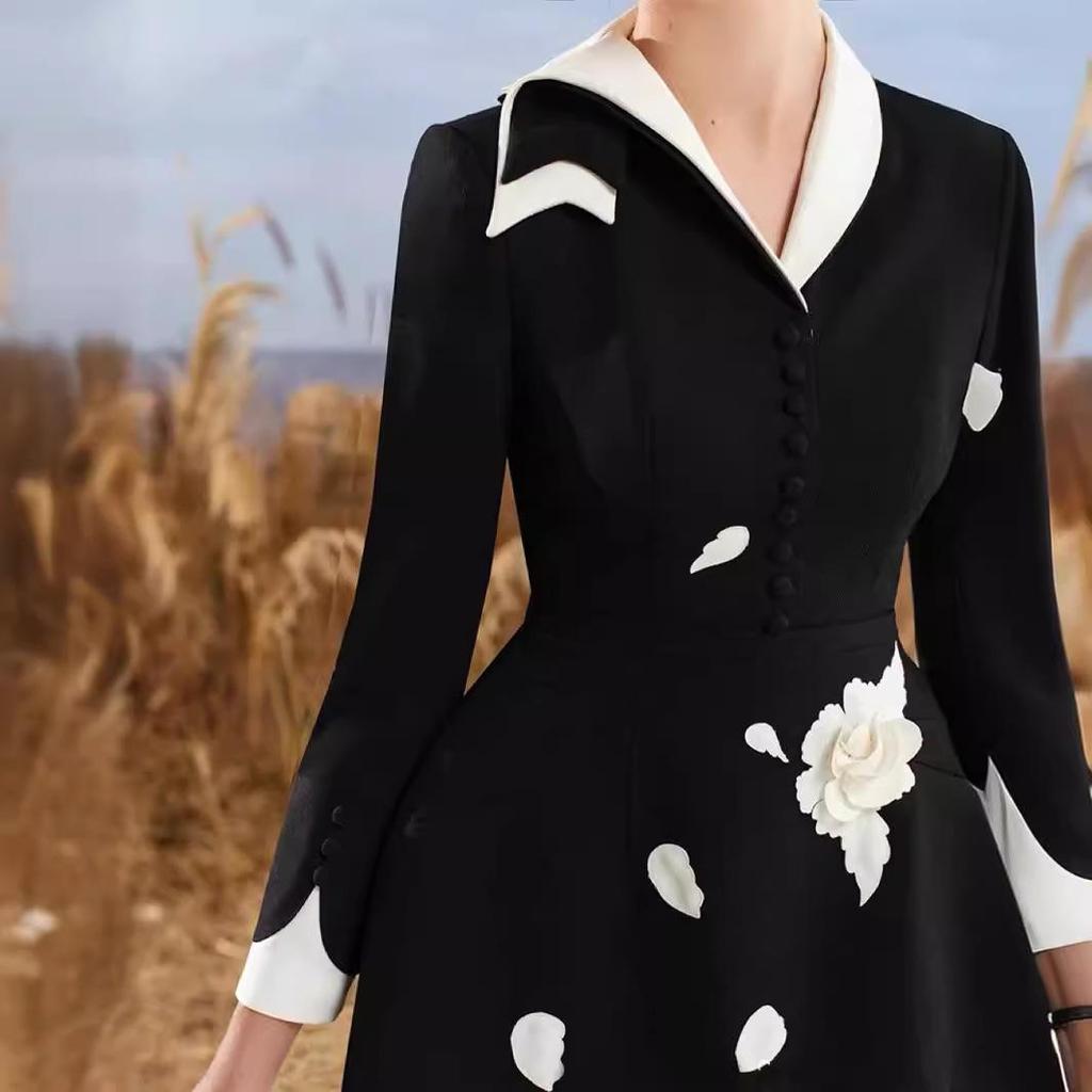 Vietnamese Embroidered Black & White Asymmetrical Neckline Dress 22289