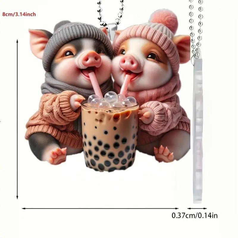 

Cute And Collectible Acrylic Car Decoration With Two Joyful Piglets Enjoying Fresh Tea Milk