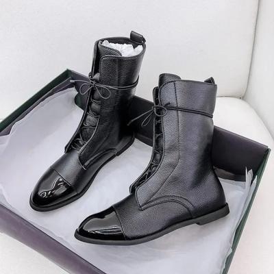 Womens Boots Point Flat Bottom Comfort Motorcycle Boots Lace Up Anti Slip Wear-resistant Fashion Ladies Boot Botas Mujer
